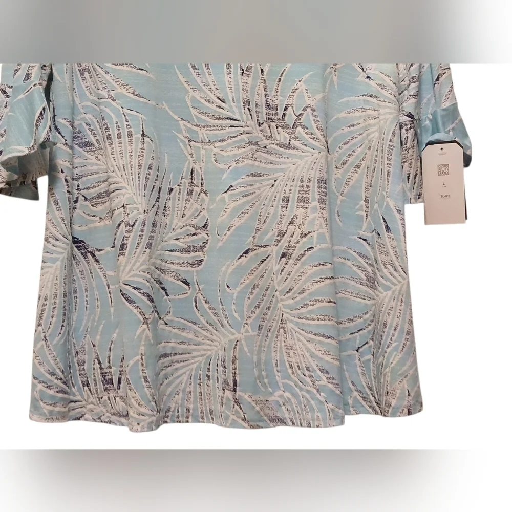 Clara Sun Woo - NWT Turquoise Tunic W/ White & Navy Blue Floral Design, V-Neck - Picture 6 of 12